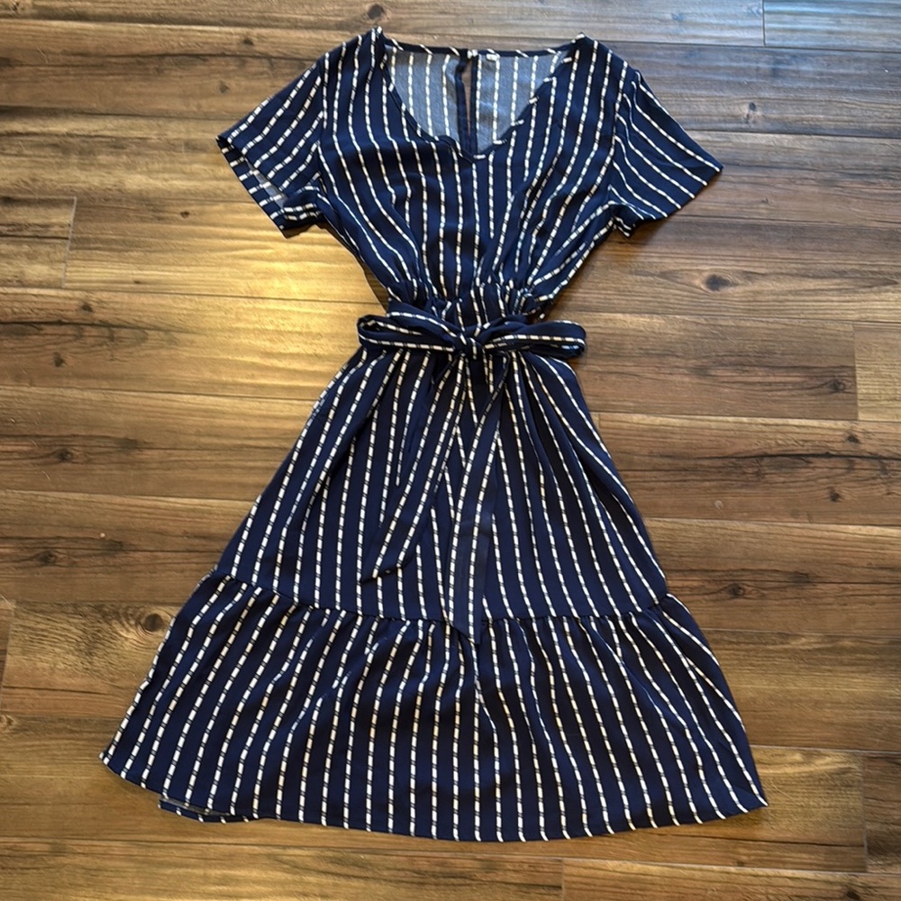 Cute 4th of July Striped Navy Tie-Waist Midi Dress